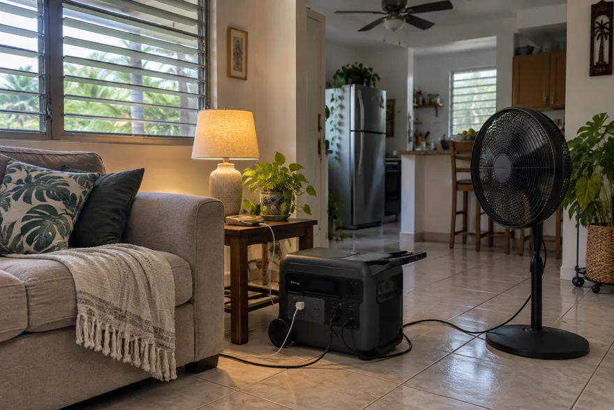 Batería portátil dando luz en un apartamento durante un apagón