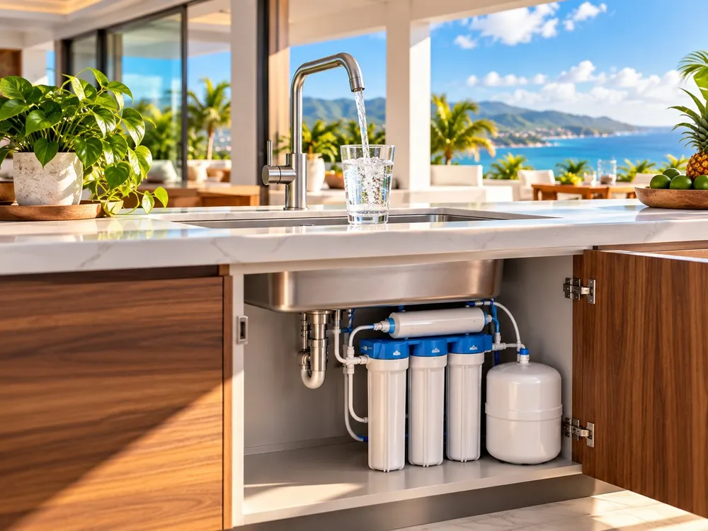 Sistema de filtración de agua instalado bajo el fregadero de una cocina en Puerto Rico