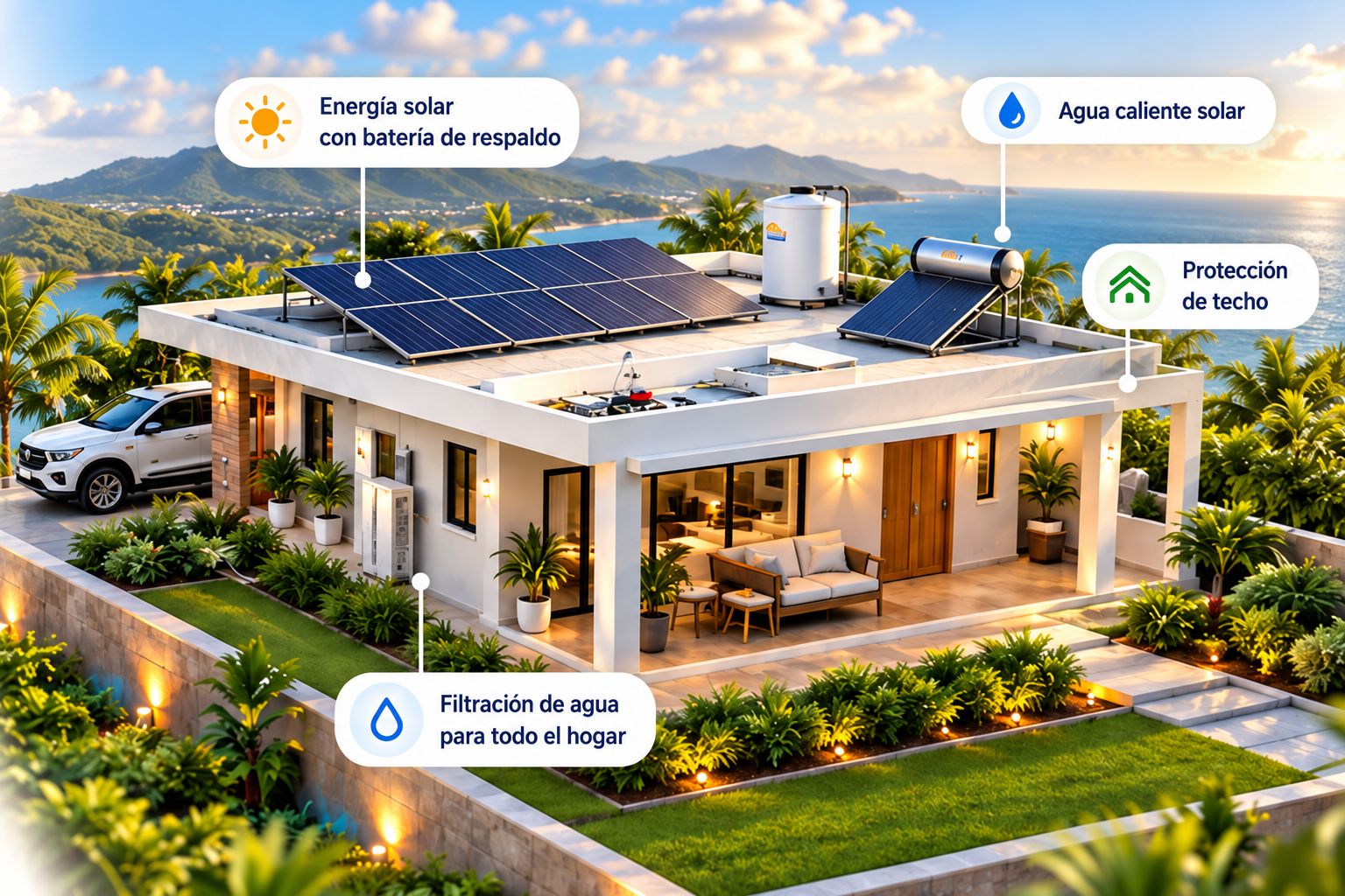 Casa en Puerto Rico con placas solares, calentador solar, cisterna y techo sellado